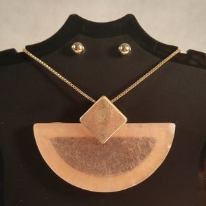 Necklace earring set gold pink moonstone pendant